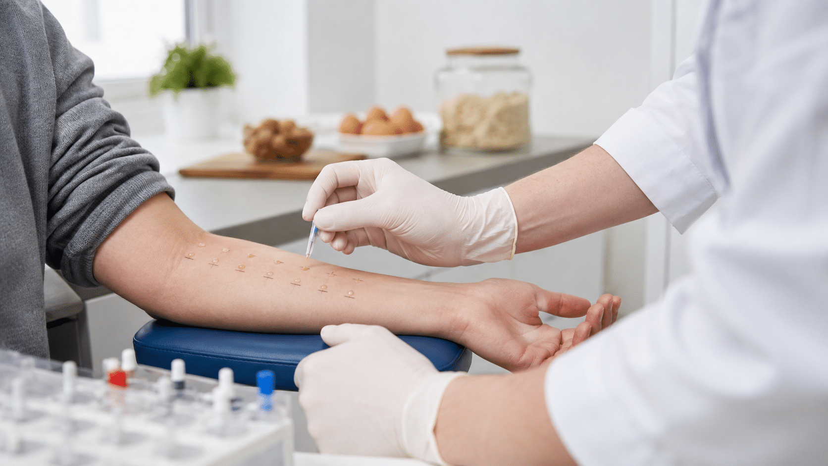Zorgprofessional voert een huidpriktest uit op de onderarm van een patiënt als onderdeel van allergieonderzoek.