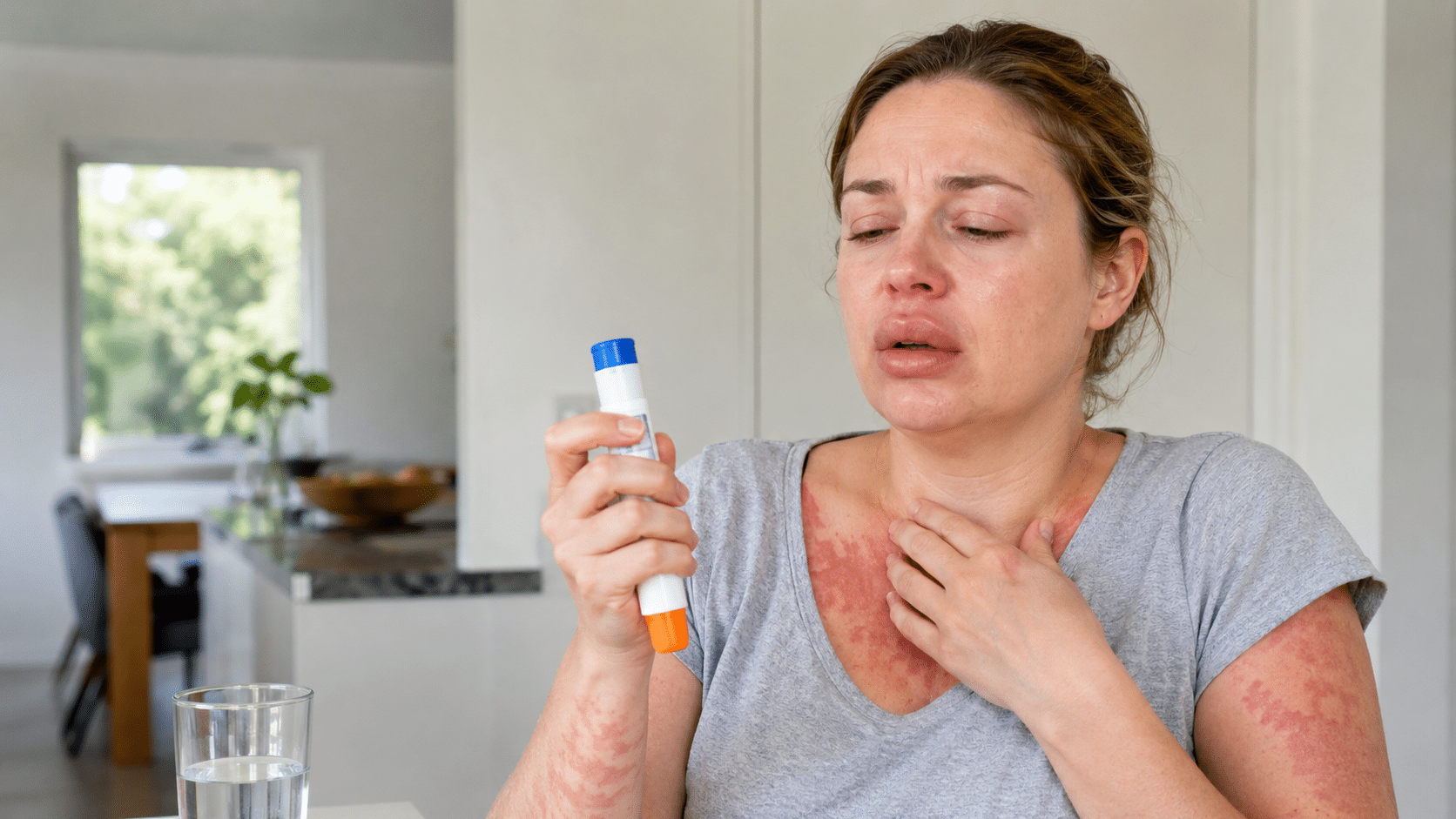 Vrouw met galbulten en zwelling van de lippen tijdens een allergische reactie, met een adrenaline-auto-injector in haar hand.