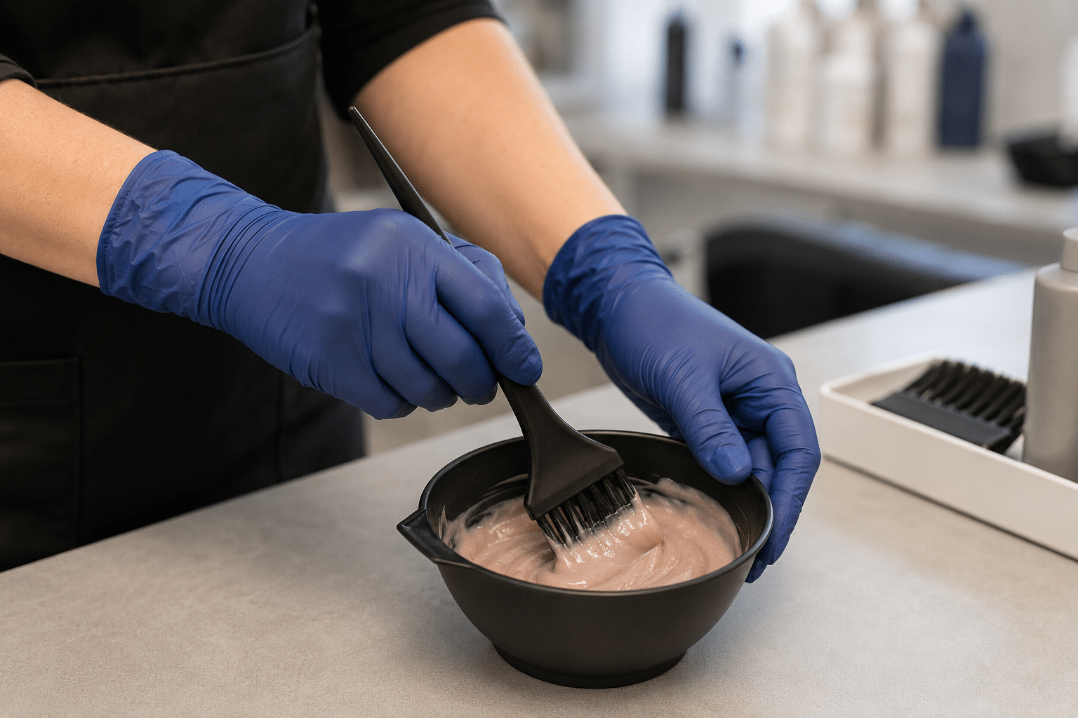 Kapper bereidt haarverf met poedervrije nitrilhandschoenen