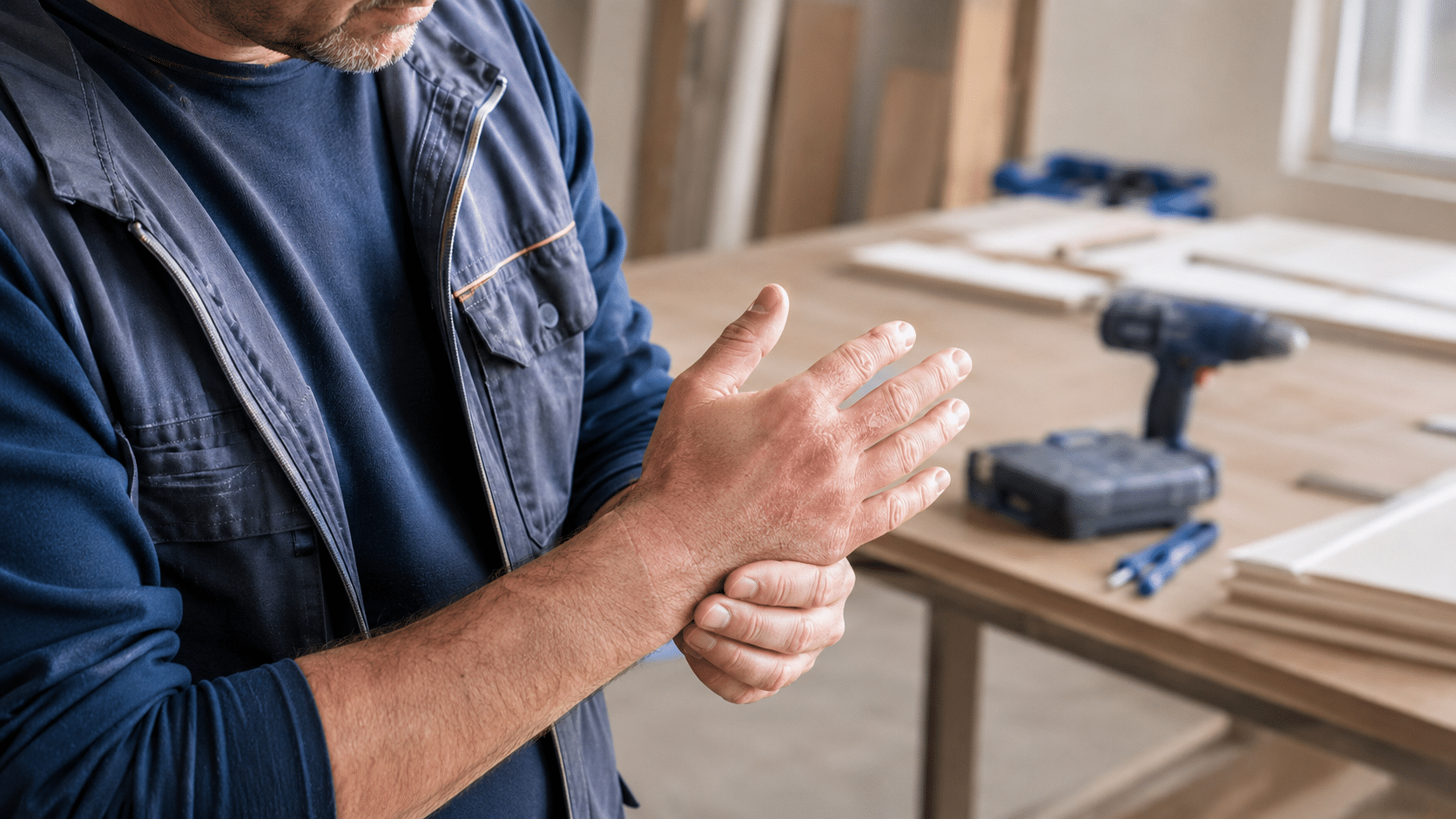 Bouwprofessional met mild handeczeem bekijkt de huid tijdens het werk.