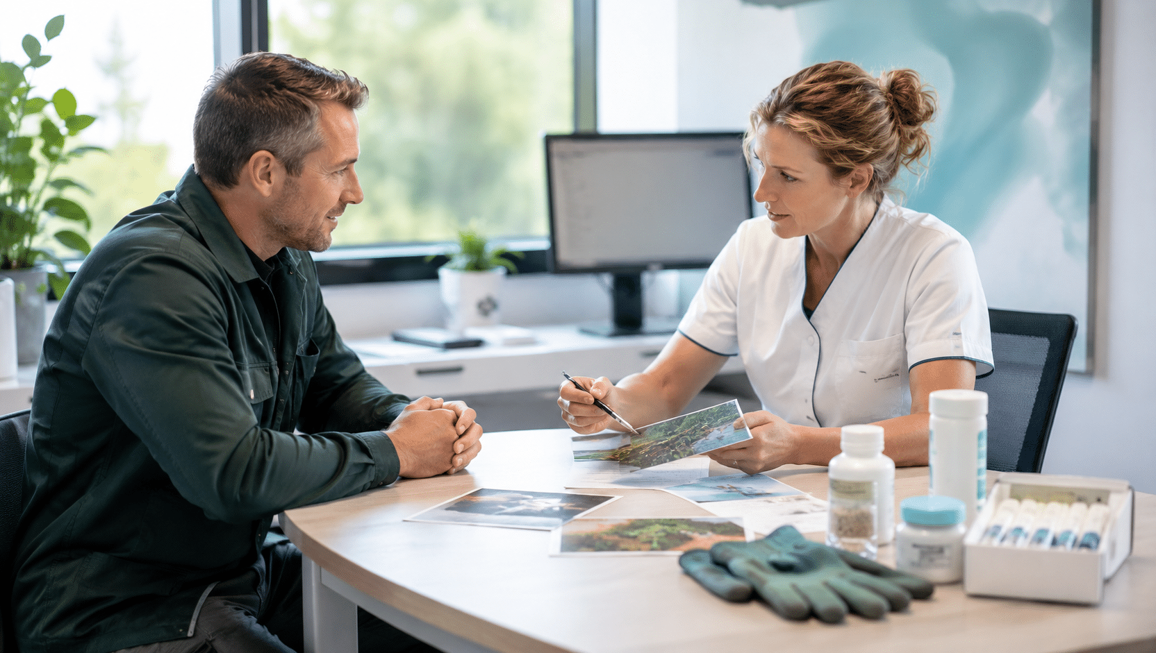 Zorgprofessional bespreekt beroepsmatige blootstellingen met een agrarisch medewerker