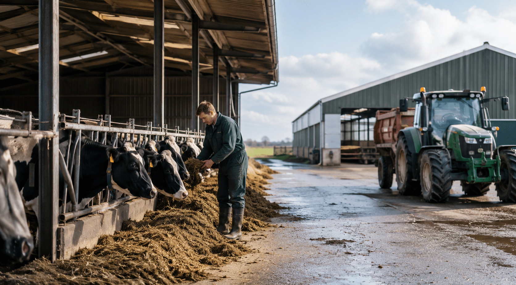 Agrarisch medewerker tussen koeien met tractor op een melkveebedrijf