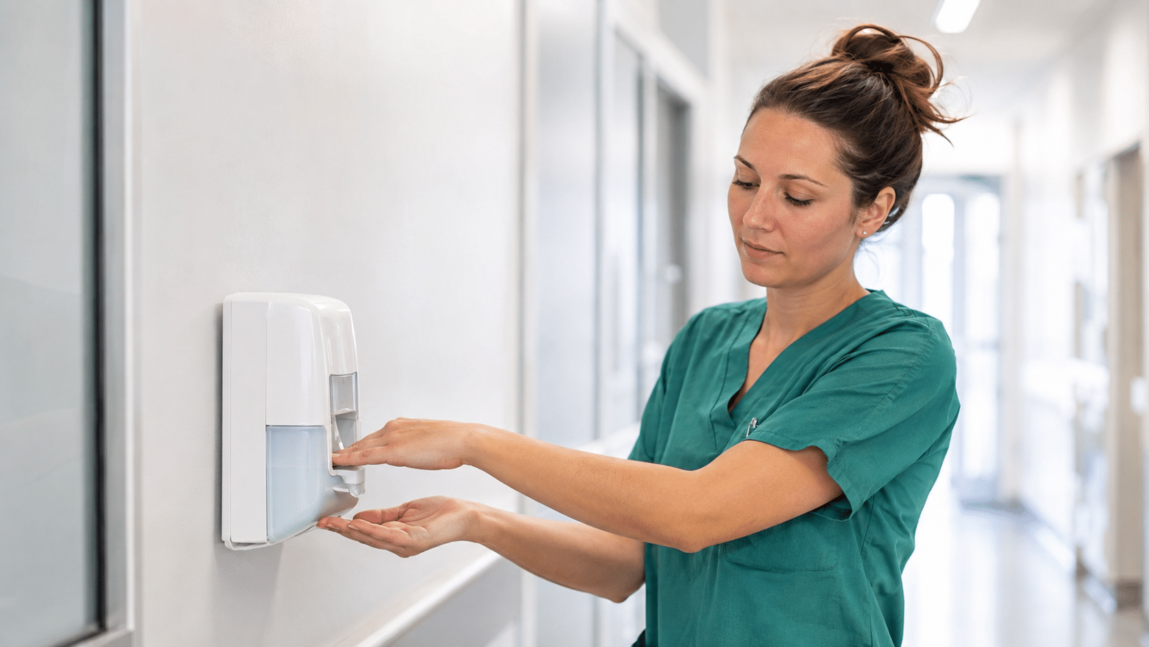 Zorgmedewerker gebruikt handdesinfectie in een ziekenhuis