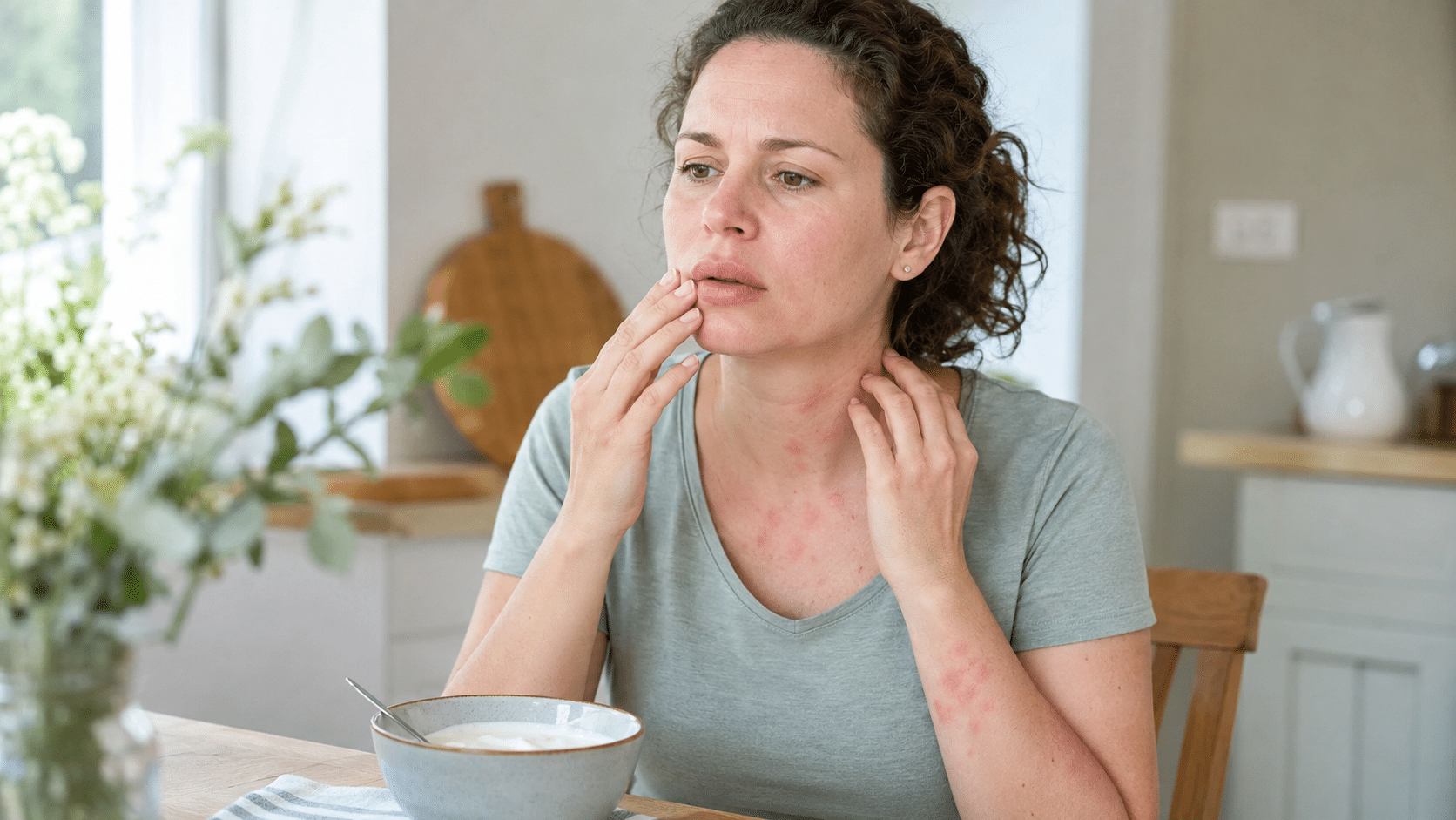 Vrouw met gezwollen lippen en milde galbulten na het eten van yoghurt.