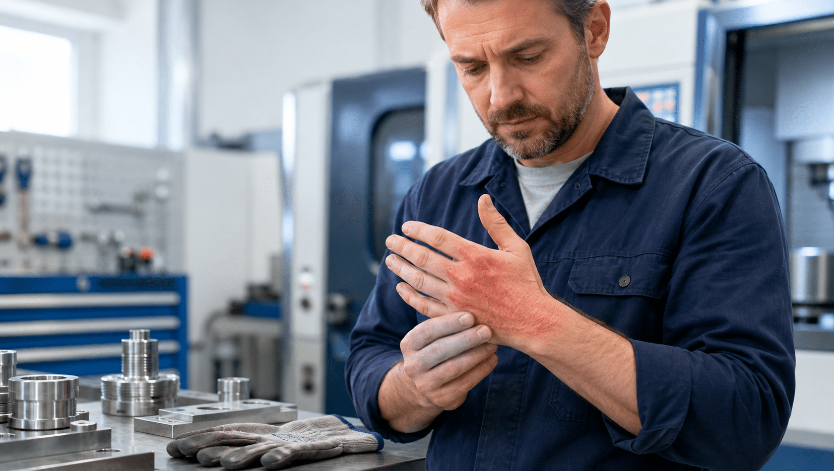 Metaalbewerker bekijkt eczeem en roodheid op zijn hand tijdens het werk