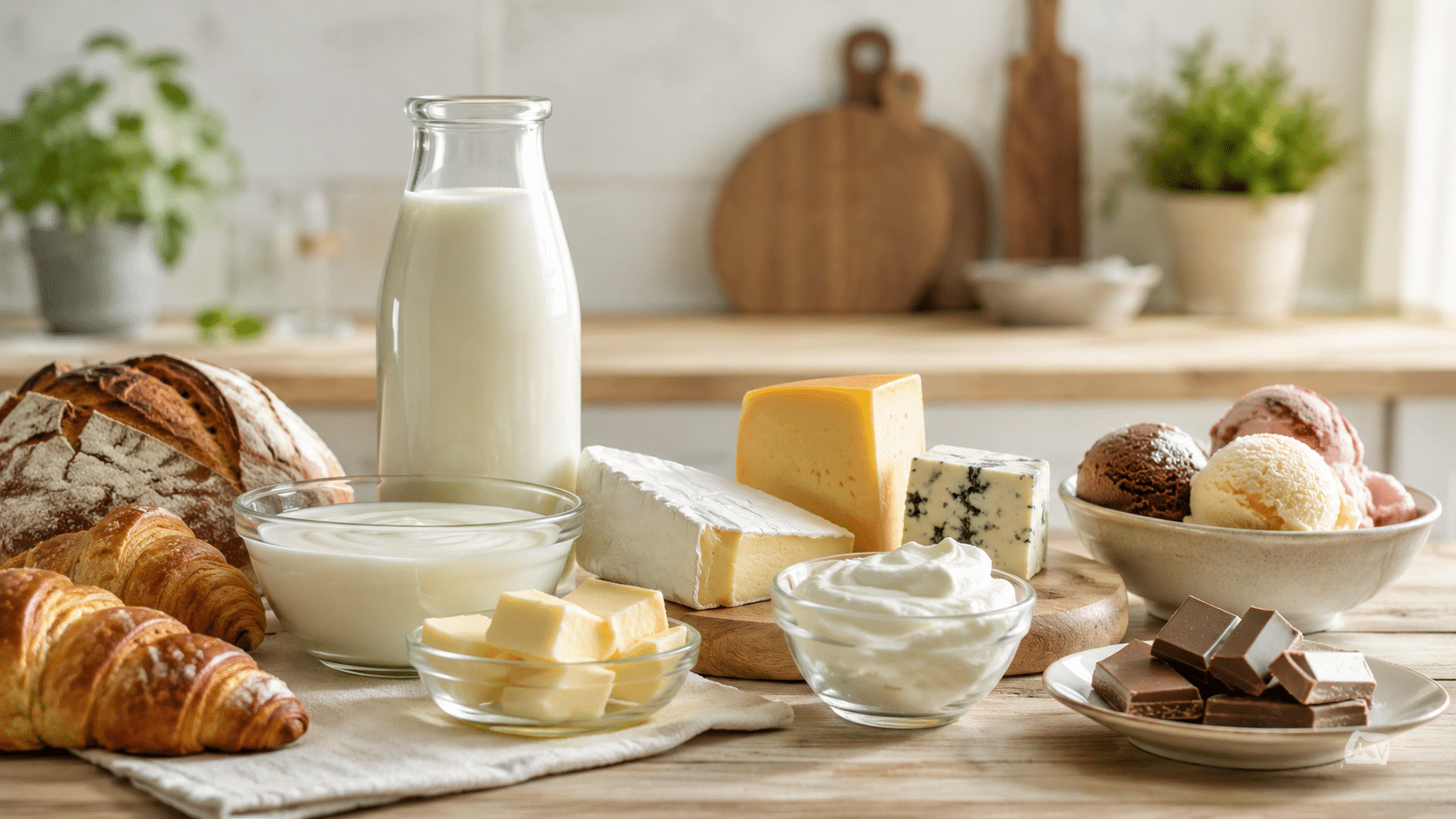 Diverse voedingsmiddelen met melk, waaronder melk, yoghurt, kaas, boter, ijs en chocolade.