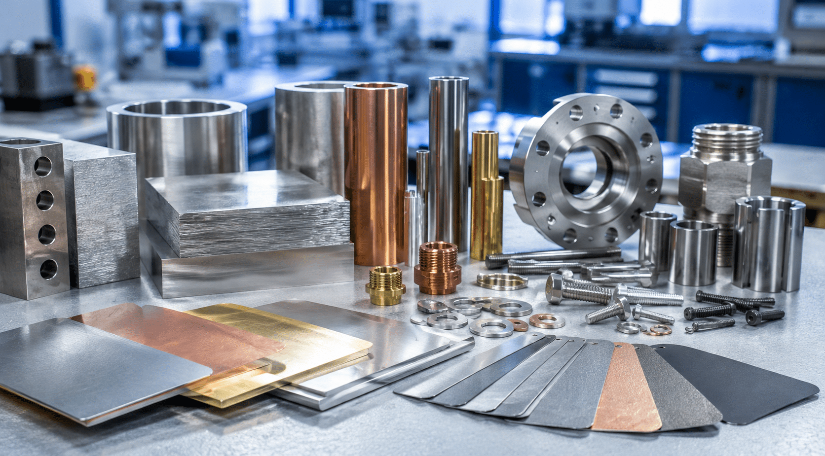 Verschillende metalen, legeringen en metalen onderdelen in een werkplaats