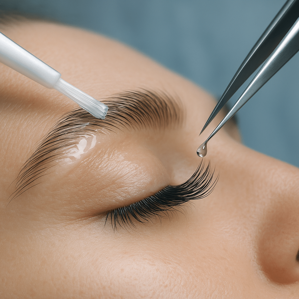 Close-up van een medische browlift en lashlift behandeling met zichtbare wimperextensions, gefotografeerd in een klinische setting zonder zichtbare persoon. Focus op precisie-instrumenten en chemische producten bij oogbehandelingen.