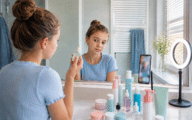 Jong meisje bekijkt een huidverzorgingsproduct voor de spiegel, met skincareproducten, een smartphone en ringlamp op de wastafel.