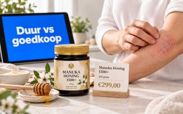 Manukahoning 1500+ van €299 naast een arm met eczeem en een tablet met ‘Duur vs goedkoop’