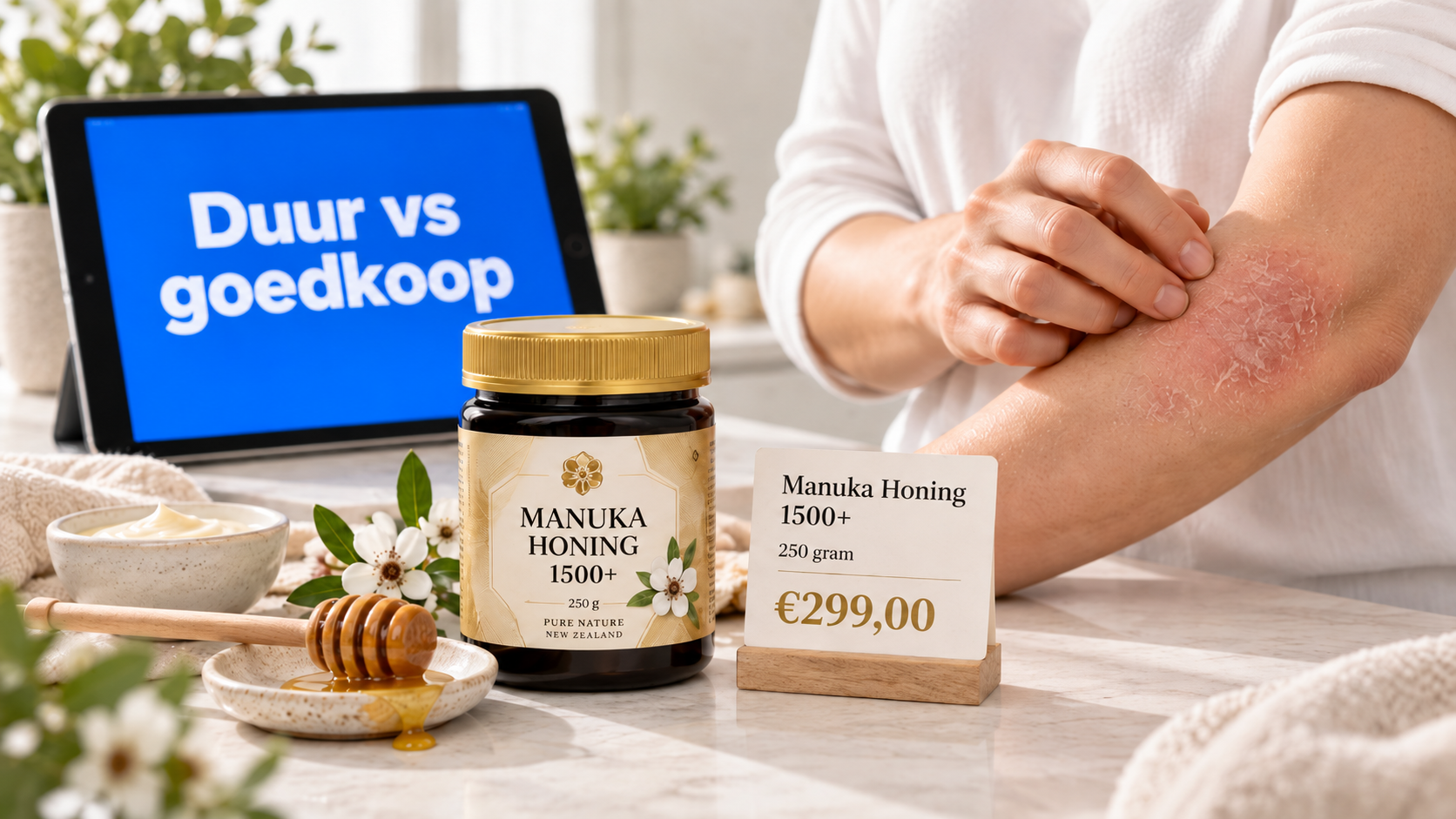Manukahoning 1500+ van €299 naast een arm met eczeem en een tablet met ‘Duur vs goedkoop’