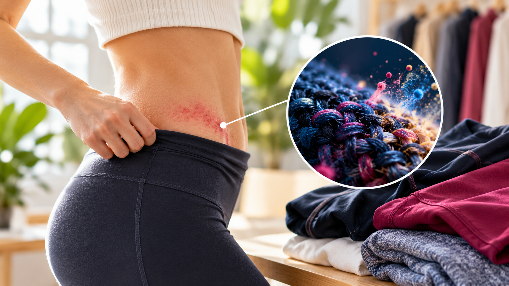Allergie voor kleurstoffen in kleding: vrouw bekijkt geïrriteerde huid bij haar broekband